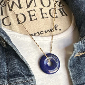 Dainty gold chunky lapis lazuli medallion donut pendant necklace